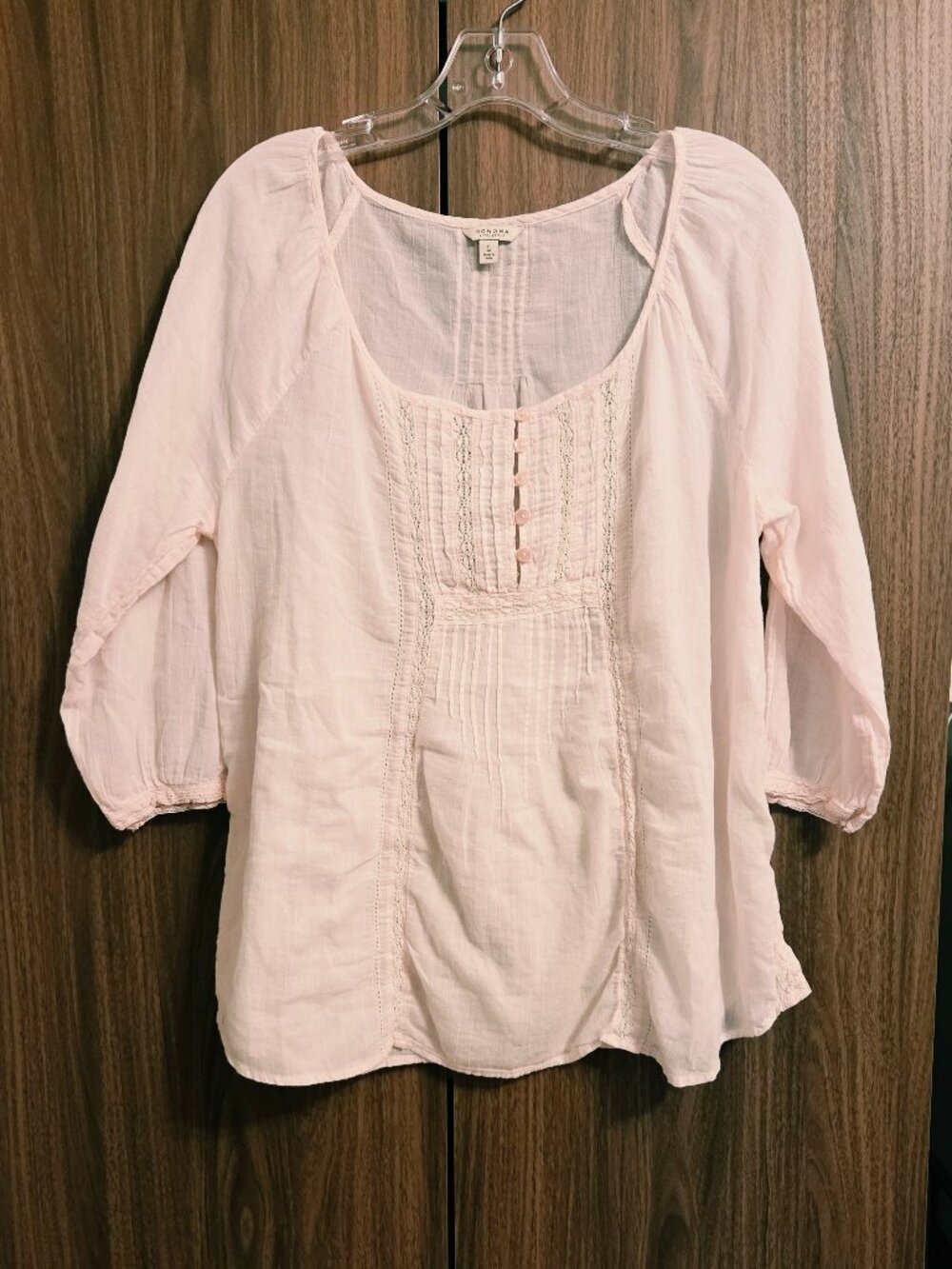 Sonoma Life + Style Peasant Cotton Top Blouse Lace Insert Soft Pink Peach sz L